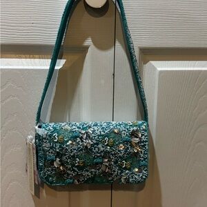 Beaded Mini Shoulder Bag – Aqua Blue Fish Design Silver Sequins nwt viral